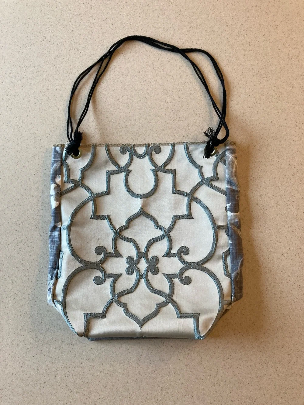 Hand Crafted Cream Silver Gray Embroidered Tote
